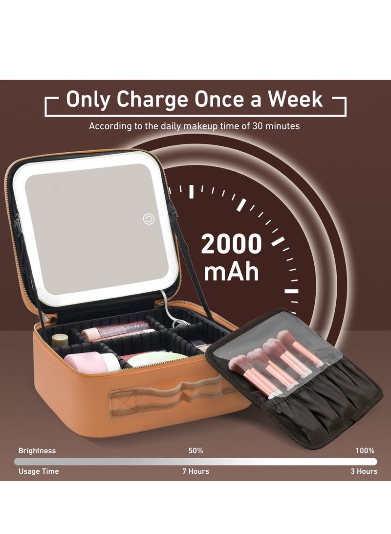 KHAJUL Makeup Bag with Mirror of LED Lighted and Detachable 20x Magnifying Mirror, Cosmetic Bag Organizer with Adjustable Dividers 26*23*10.8CM (Brown) - Image 4