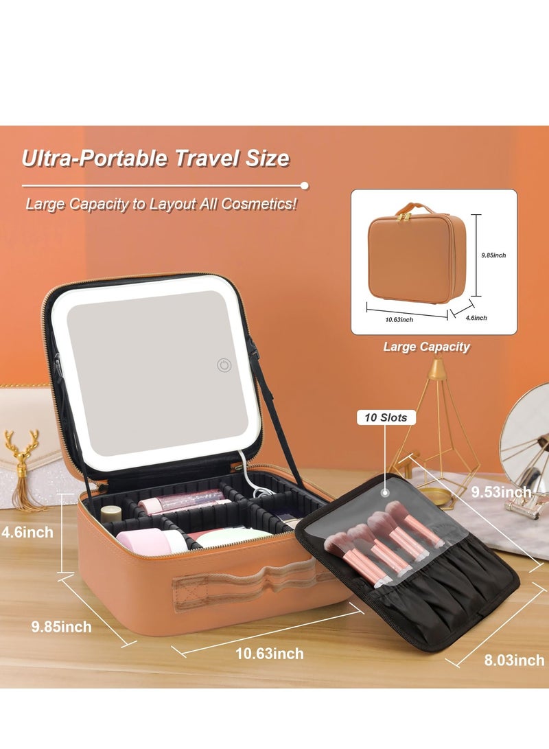 KHAJUL Makeup Bag with Mirror of LED Lighted and Detachable 20x Magnifying Mirror, Cosmetic Bag Organizer with Adjustable Dividers 26*23*10.8CM (Brown) - Image 2