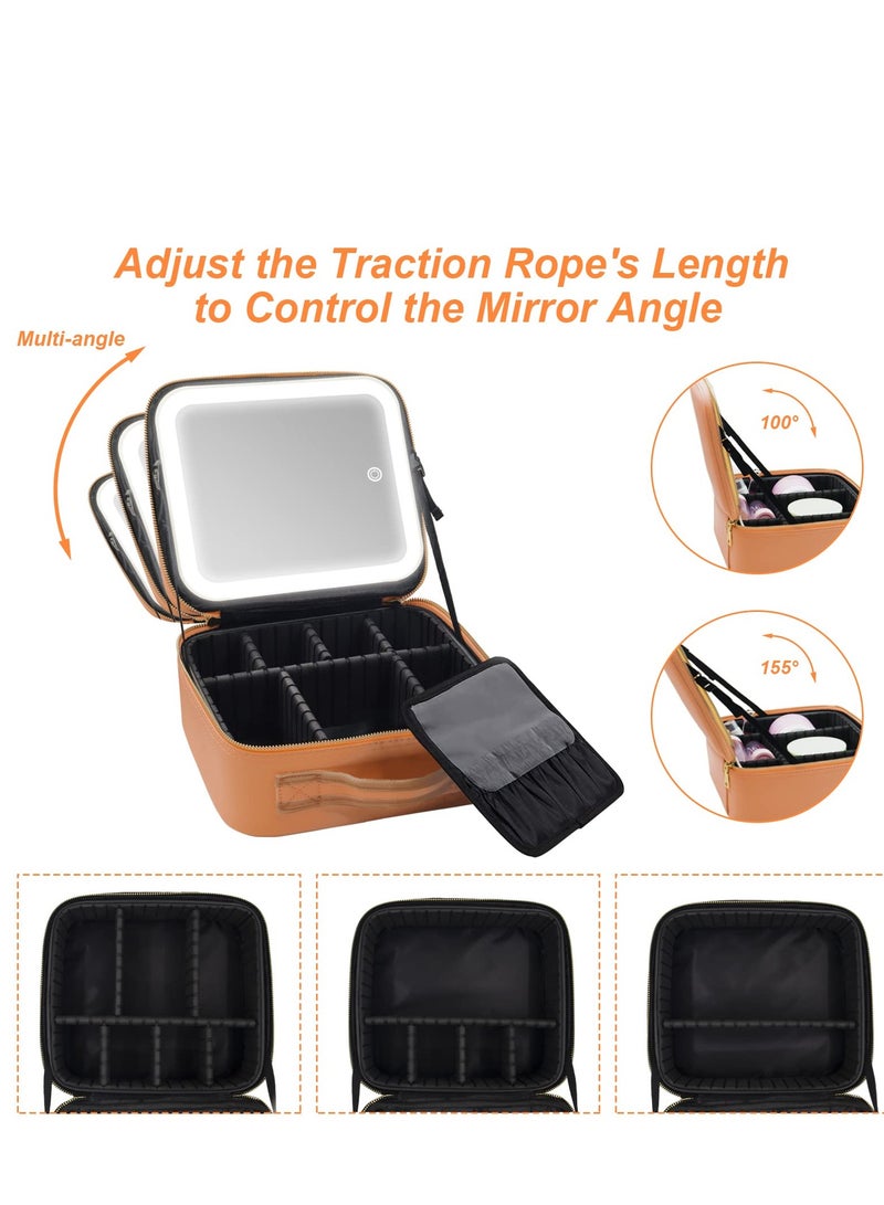 KHAJUL Makeup Bag with Mirror of LED Lighted and Detachable 20x Magnifying Mirror, Cosmetic Bag Organizer with Adjustable Dividers 26*23*10.8CM (Brown) - Image 3