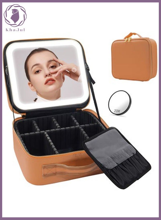 KHAJUL Makeup Bag with Mirror of LED Lighted and Detachable 20x Magnifying Mirror, Cosmetic Bag Organizer with Adjustable Dividers 26*23*10.8CM (Brown) - Image 1