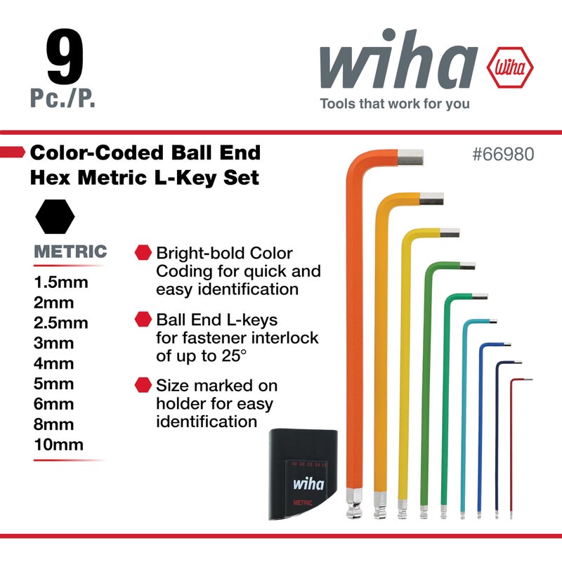 Wiha 66980 9 Piece Ball End Color Coded Hex L-Key Set - Metric - Image 2