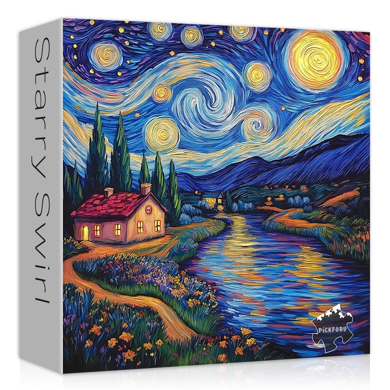 PICKFORU Starry Night 1000 Piece Puzzle, Van Gogh Art Jigsaw Puzzle, Nature Landscape Scenic Puzzle for Adults - Image 1