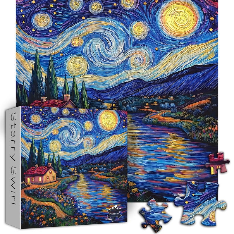 PICKFORU Starry Night 1000 Piece Puzzle, Van Gogh Art Jigsaw Puzzle, Nature Landscape Scenic Puzzle for Adults - Image 2