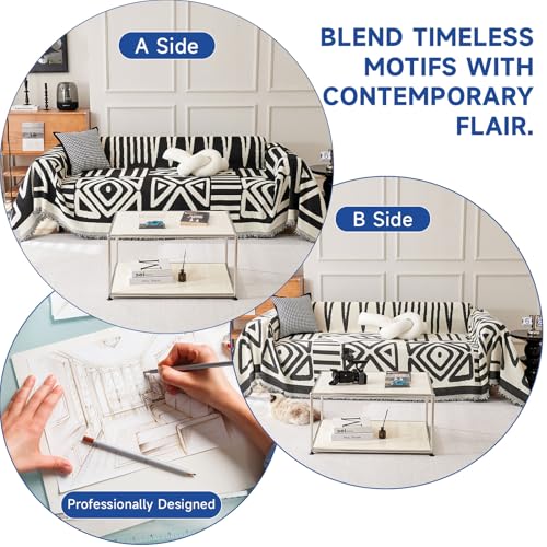 VC Life VClife Boho Couch Cover Tribal Black and White Geometric Jacquard Couch Cover for 2 Cushion Couch, Soft Washable Chenille Loveseat Cover Sofa Cover Protector for Sectional Sofa, 71"x118" - Image 3