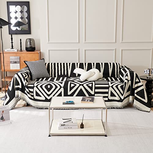 VC Life VClife Boho Couch Cover Tribal Black and White Geometric Jacquard Couch Cover for 2 Cushion Couch, Soft Washable Chenille Loveseat Cover Sofa Cover Protector for Sectional Sofa, 71"x118" - Image 1