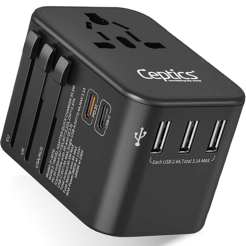 Ceptics Ceptics Universal Charger Adapter 35W 6 in 1 International Travel Adapter Universal Plug Socket with 10 Years Warranty PDQC 30 1x USBC 3 USB Fast Charging Worldwide Travel Adapters  - Image 1