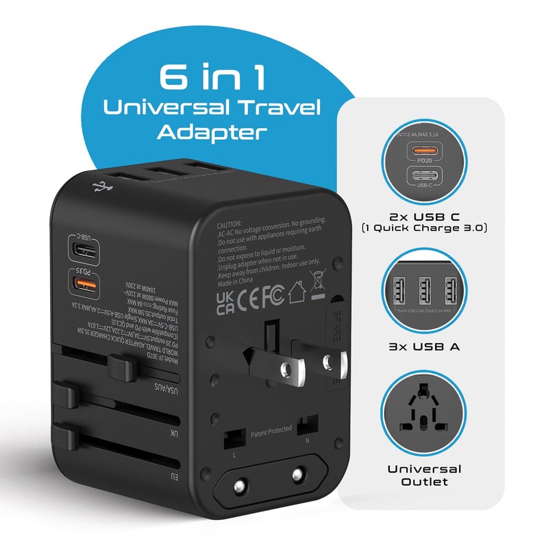 Ceptics Ceptics Universal Charger Adapter 35W 6 in 1 International Travel Adapter Universal Plug Socket with 10 Years Warranty PDQC 30 1x USBC 3 USB Fast Charging Worldwide Travel Adapters  - Image 2