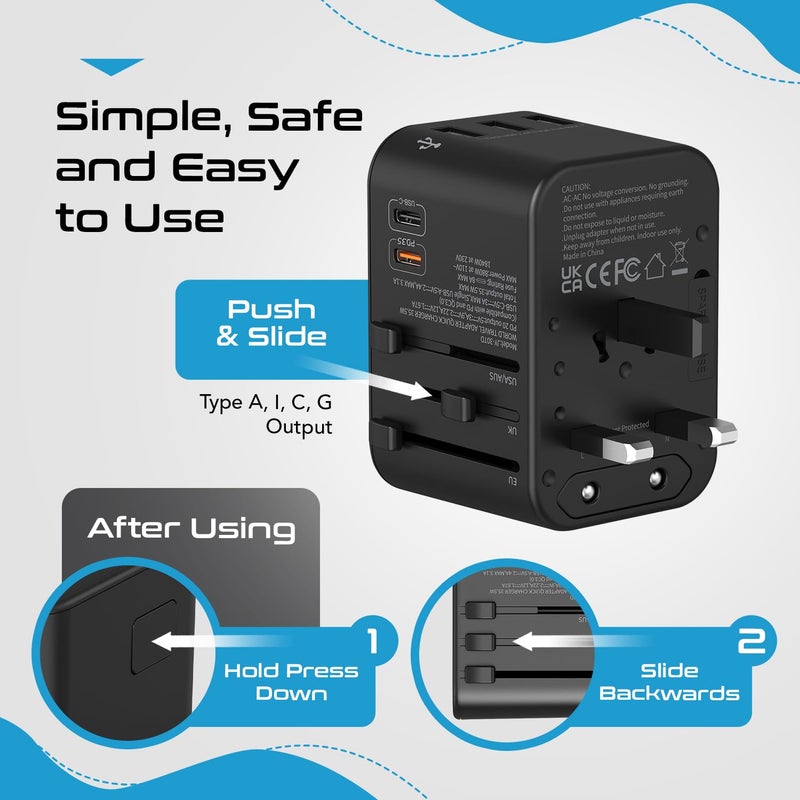 Ceptics Ceptics Universal Charger Adapter 35W 6 in 1 International Travel Adapter Universal Plug Socket with 10 Years Warranty PDQC 30 1x USBC 3 USB Fast Charging Worldwide Travel Adapters  - Image 5