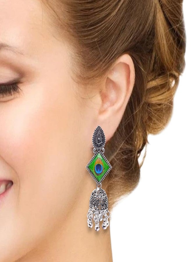 Elleva Fancy Earrings for Women Stylish Jhumka | Small Radha Krishna Silver Oxidised Traditional Jewellery | Peacock Style Earring Combo Set for Girls, Set of 3 Pair (Pack of 1) - Image 4