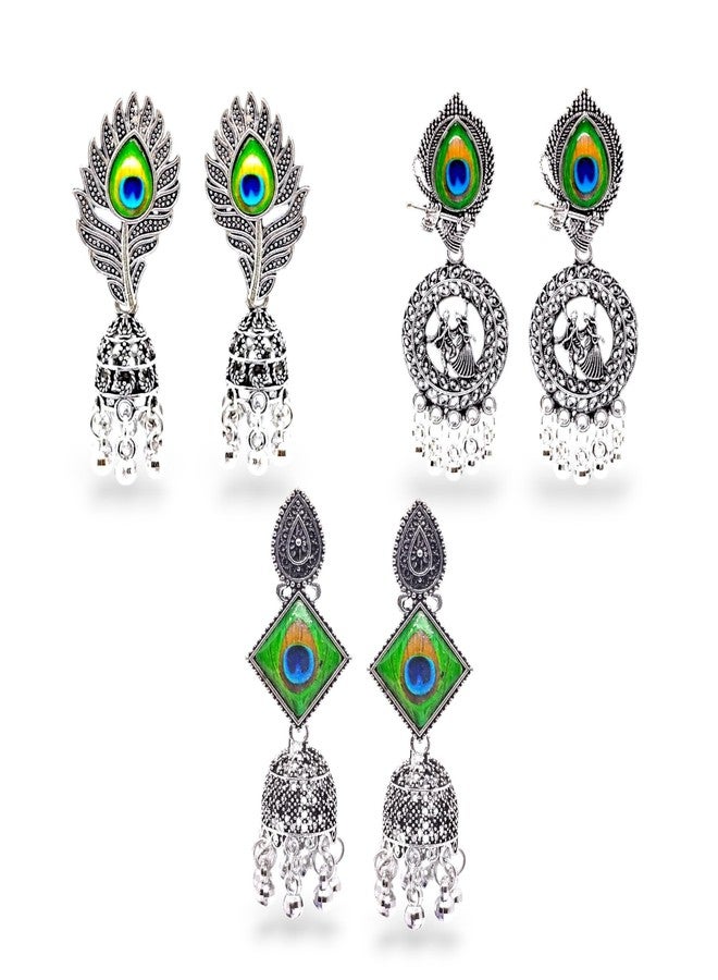 Elleva Fancy Earrings for Women Stylish Jhumka | Small Radha Krishna Silver Oxidised Traditional Jewellery | Peacock Style Earring Combo Set for Girls, Set of 3 Pair (Pack of 1) - Image 1