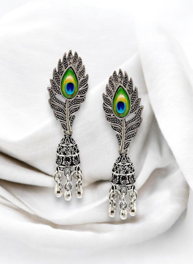 Elleva Fancy Earrings for Women Stylish Jhumka | Small Radha Krishna Silver Oxidised Traditional Jewellery | Peacock Style Earring Combo Set for Girls, Set of 3 Pair (Pack of 1) - Image 3