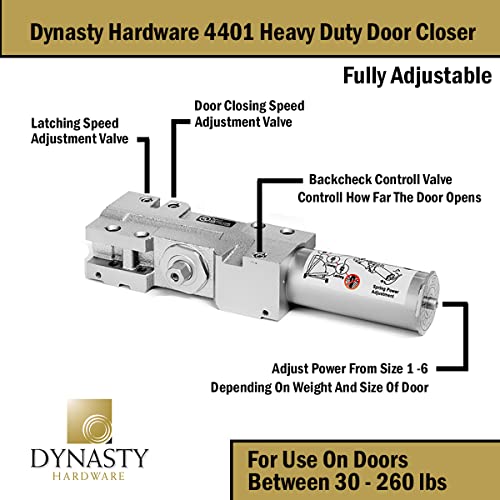 Dynasty Hardware Door Closer, Grade 1 Heavy Duty Commercial Hydraulic Closer, Self-Closing, Adjustable Spring Size 1-6, ADA Compliant, Surface Mount, Sprayed Aluminum, Series 4401 - Image 5