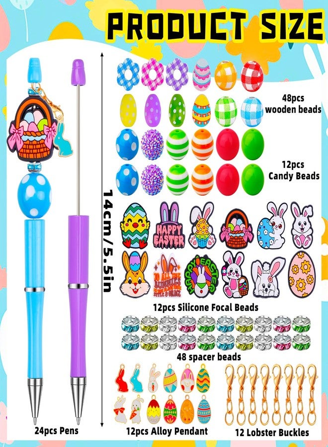 Japior 24 Sets Easter Beadable Pens Bulk Rabbit and Egg Easter Pens with Silicone Focal Beads Colorful Crystal Wooden DIY Beaded Pen Making Kit for Students Handmade Gift Supplies - Image 3
