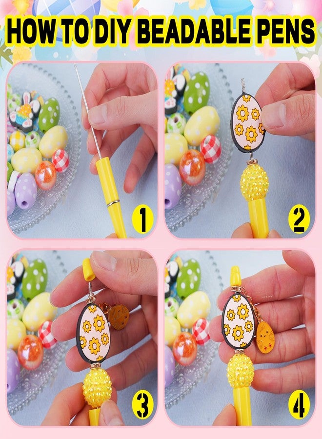 Japior 24 Sets Easter Beadable Pens Bulk Rabbit and Egg Easter Pens with Silicone Focal Beads Colorful Crystal Wooden DIY Beaded Pen Making Kit for Students Handmade Gift Supplies - Image 5