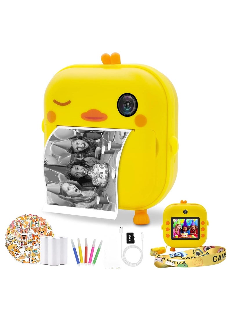 48MP Children's Camera, Instant Print Chick-shape Camera, 2.4-inch Screen Dual Lens 1080P HD Video Camera Comes with 32GB TF Card, as Gifts for Kid from 3 to 14 Years (Yellow) - Image 1