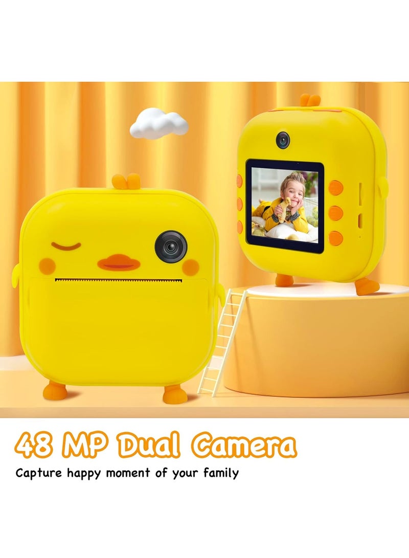 48MP Children's Camera, Instant Print Chick-shape Camera, 2.4-inch Screen Dual Lens 1080P HD Video Camera Comes with 32GB TF Card, as Gifts for Kid from 3 to 14 Years (Yellow) - Image 3