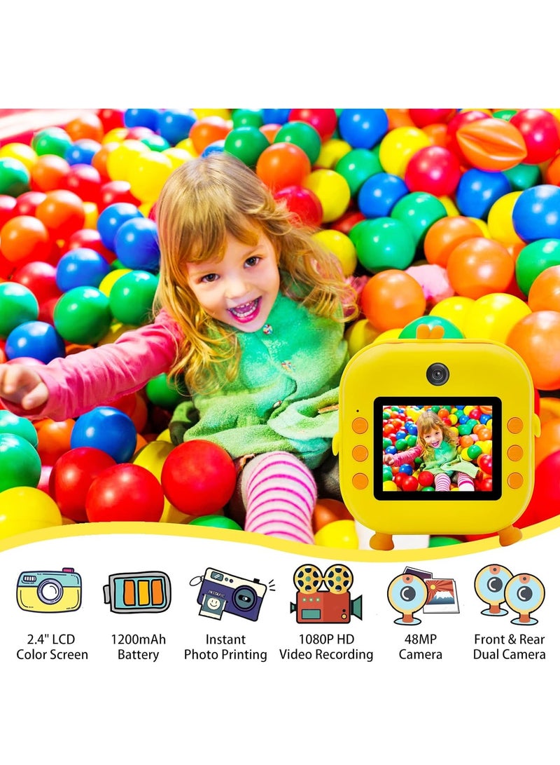 48MP Children's Camera, Instant Print Chick-shape Camera, 2.4-inch Screen Dual Lens 1080P HD Video Camera Comes with 32GB TF Card, as Gifts for Kid from 3 to 14 Years (Yellow) - Image 2