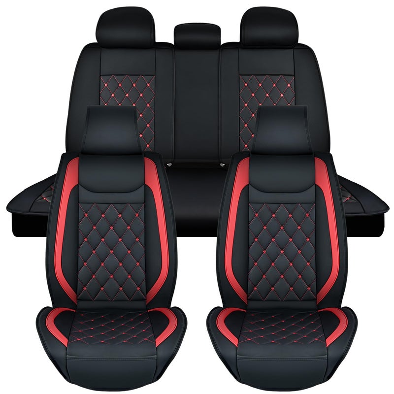 Nilight 5 Car Seat Covers Waterproof Faux Leather Cushions Anti-Slip Universal Fit for 5 Passenger Cars Hyundai Kia Civic Corolla Honda Accord Camry CR-V Fusion SUV Truck, Black+Red - Image 1