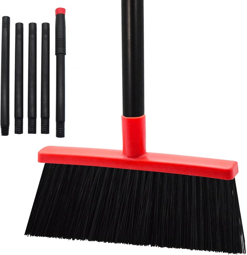 BSMstone Small Broom Stiff Bristles Brush with Long Handle Indoor or Outdoor Compact Broom for Sweeping Patio Garage Garden,Deck,Concrete Floor,Bathroom (Red) - Image 1