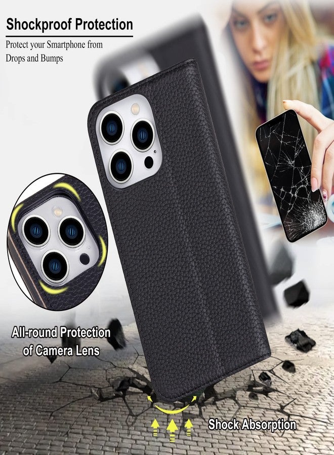 VISOUL Pebbled Genuine Leather Case for iPhone 15 Pro Max Wallet Case with Card Holder Kickstand Magnetic Flip Folio Cover for iPhone 15 Pro Max (6.7 inch)-Black+Grey - Image 5
