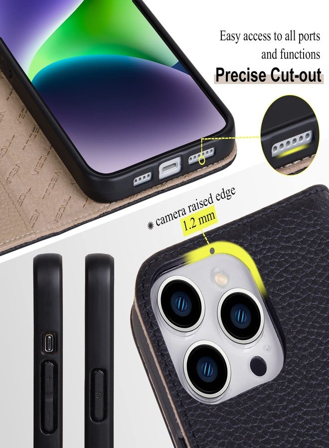 VISOUL Pebbled Genuine Leather Case for iPhone 15 Pro Max Wallet Case with Card Holder Kickstand Magnetic Flip Folio Cover for iPhone 15 Pro Max (6.7 inch)-Black+Grey - Image 3