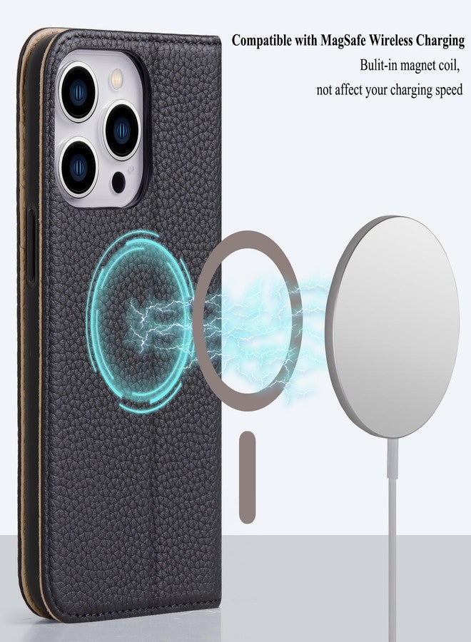 VISOUL Pebbled Genuine Leather Case for iPhone 15 Pro Max Wallet Case with Card Holder Kickstand Magnetic Flip Folio Cover for iPhone 15 Pro Max (6.7 inch)-Black+Grey - Image 2