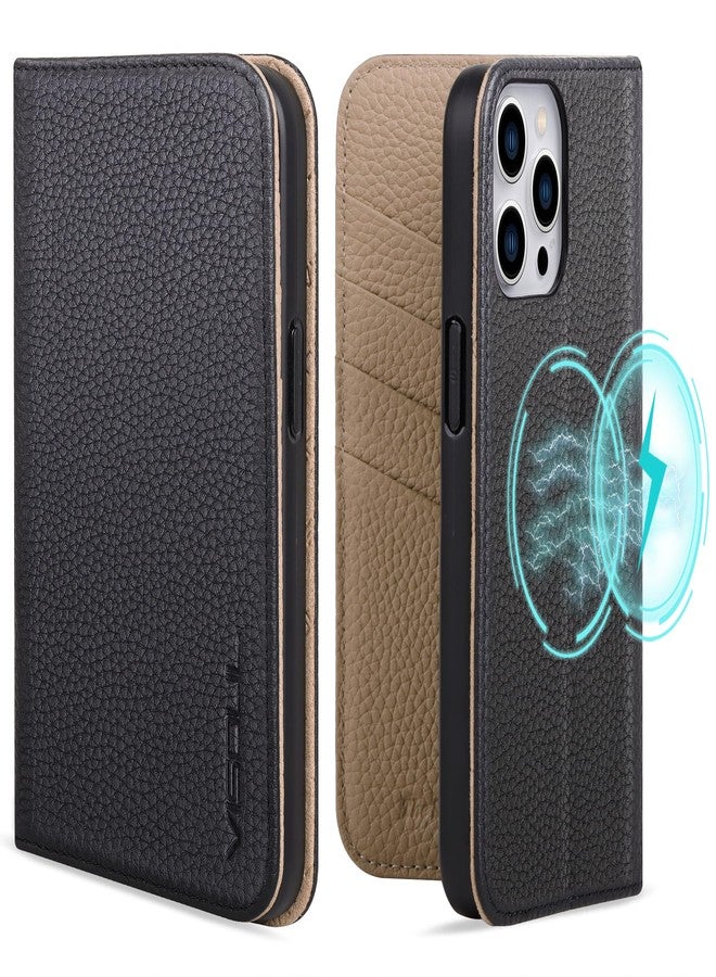 VISOUL Pebbled Genuine Leather Case for iPhone 15 Pro Max Wallet Case with Card Holder Kickstand Magnetic Flip Folio Cover for iPhone 15 Pro Max (6.7 inch)-Black+Grey - Image 1