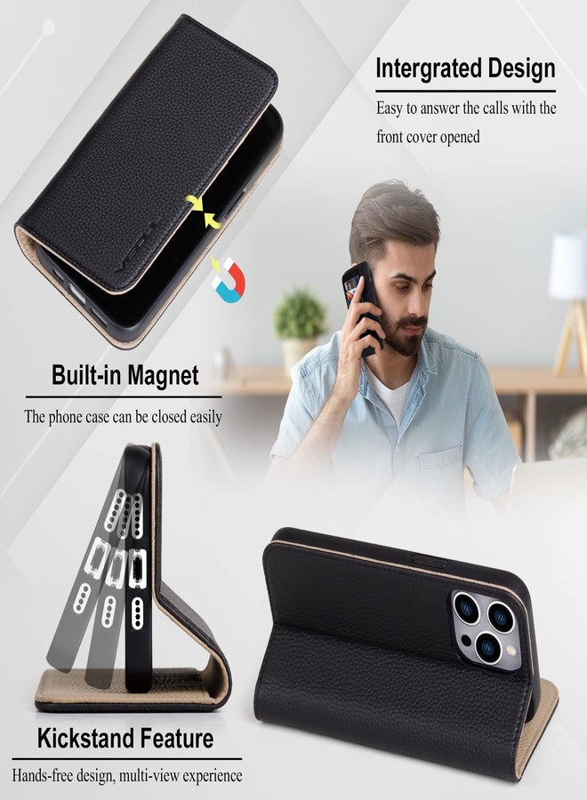 VISOUL Pebbled Genuine Leather Case for iPhone 15 Pro Max Wallet Case with Card Holder Kickstand Magnetic Flip Folio Cover for iPhone 15 Pro Max (6.7 inch)-Black+Grey - Image 4