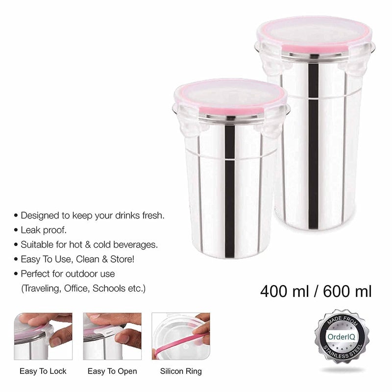 NOBILEA Stainless Steel Tumbler for Traveling Tiffin for Coffee Tea Beer Milk Lassi Butter Milk Glass Tumbler with Airtight Cap Set 400ml600ml - Image 5