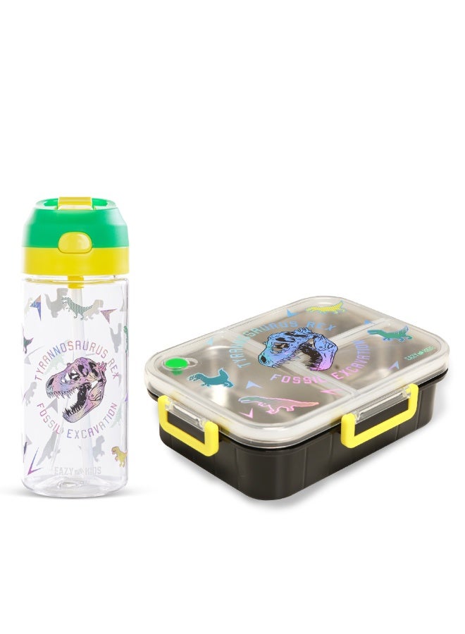Eazy Kids 3 Compartment 800ml Stainless Steel bento Lunch Box w/ Water Bottle - T- Rex Purple