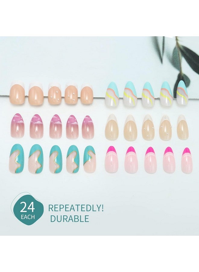 Misssix 6 Packs (144 Pcs) Press on Nails Medium Design, Misssix Short Fake Nails Almond French Glue on Nails Set with Adhesive Tabs Nail File for Women - Image 2