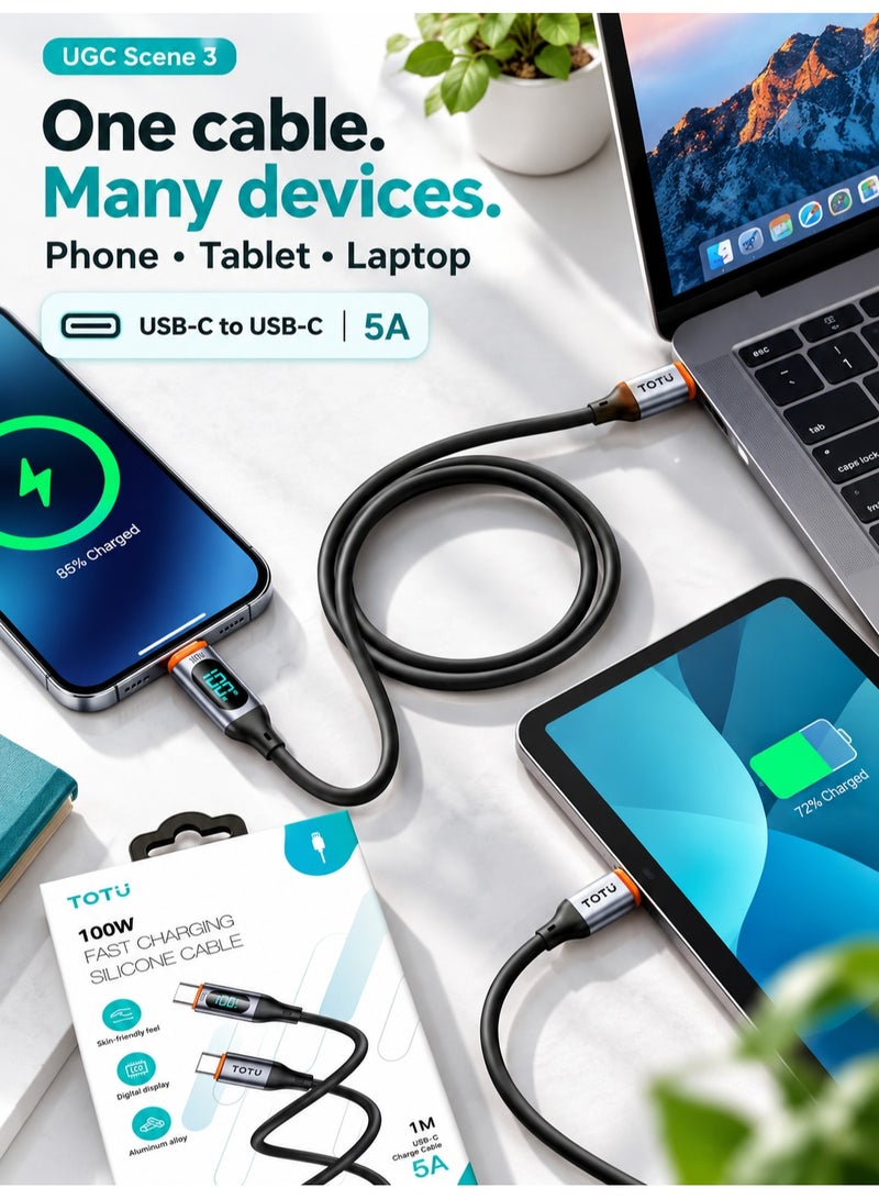 توتو ابل TOTU USB-C إلى USB-C للشحن السريع بقوة 100 واط بطول 1 متر مع شاشة رقمية ذكية لعرض قوة الشحن، تيار 5 أمبير، كابل سيليكون مرن وناعم، موصلات من سبائك الألومنيوم، يدعم نقل البيانات ومتوافق مع الهواتف والأجهزة اللوحية واللابتوبات USB-C، أسود – ضمان سنة واحدة - Image 3