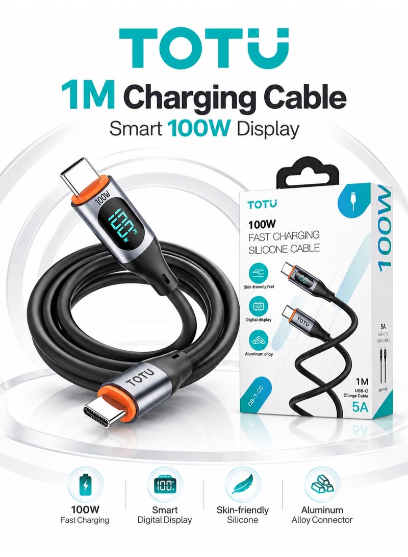 توتو ابل TOTU USB-C إلى USB-C للشحن السريع بقوة 100 واط بطول 1 متر مع شاشة رقمية ذكية لعرض قوة الشحن، تيار 5 أمبير، كابل سيليكون مرن وناعم، موصلات من سبائك الألومنيوم، يدعم نقل البيانات ومتوافق مع الهواتف والأجهزة اللوحية واللابتوبات USB-C، أسود – ضمان سنة واحدة - Image 1