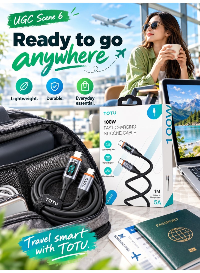 توتو ابل TOTU USB-C إلى USB-C للشحن السريع بقوة 100 واط بطول 1 متر مع شاشة رقمية ذكية لعرض قوة الشحن، تيار 5 أمبير، كابل سيليكون مرن وناعم، موصلات من سبائك الألومنيوم، يدعم نقل البيانات ومتوافق مع الهواتف والأجهزة اللوحية واللابتوبات USB-C، أسود – ضمان سنة واحدة - Image 4