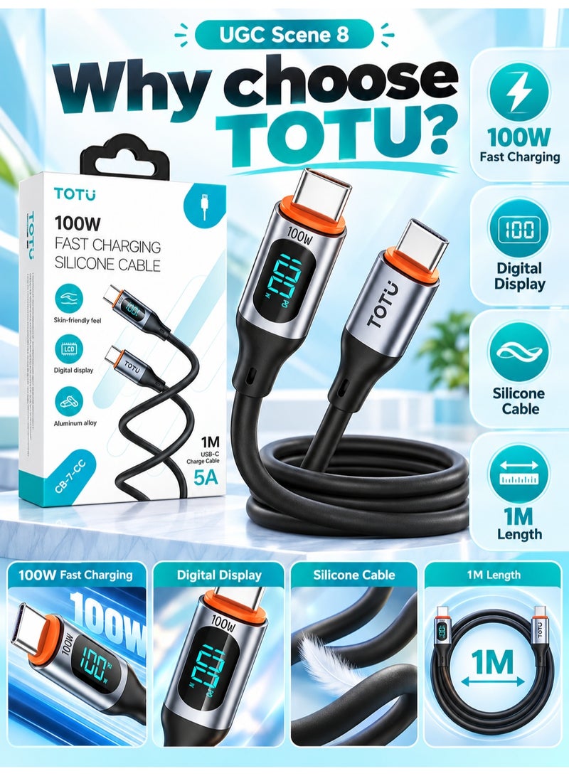 توتو ابل TOTU USB-C إلى USB-C للشحن السريع بقوة 100 واط بطول 1 متر مع شاشة رقمية ذكية لعرض قوة الشحن، تيار 5 أمبير، كابل سيليكون مرن وناعم، موصلات من سبائك الألومنيوم، يدعم نقل البيانات ومتوافق مع الهواتف والأجهزة اللوحية واللابتوبات USB-C، أسود – ضمان سنة واحدة - Image 5