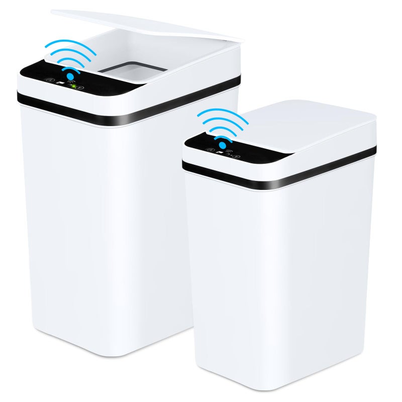 Anborry Bathroom Trash Cans with Lid 2 Pack Touchless Automatic Motion Sensor 2.2 Gal & 4 Gal Small Garbage Can, Smart Electric Narrow Garbage Bin for Bedroom Office Kitchen (White) - Image 1