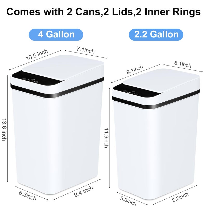 Anborry Bathroom Trash Cans with Lid 2 Pack Touchless Automatic Motion Sensor 2.2 Gal & 4 Gal Small Garbage Can, Smart Electric Narrow Garbage Bin for Bedroom Office Kitchen (White) - Image 4