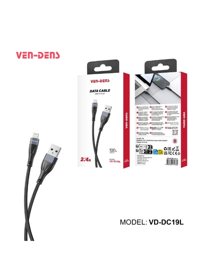 فين ديونز كابل بيانات فين-دنس VD-DC19L من USB-A إلى لايتنينج مصنوع من PVC (أسود) – شحن سريع 5 فولت/2.4 أمبير، موصلات معززة، تصميم مقاوم للتشابك، مثالي لأجهزة آيفون وآيباد وأجهزة لايتنينج - Image 1