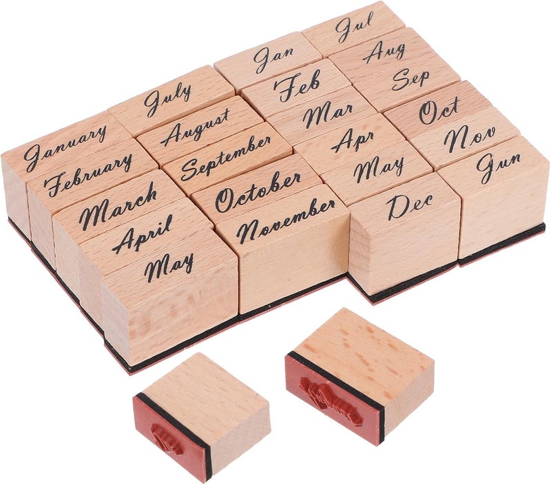 24pcs Vintage Wood Rubber Month Stamps with Full Abbreviated Names for Planners and Diaries, Mini Custom Wooden Stamps for Scrapbooking, Office, and DIY Crafts - Image 1