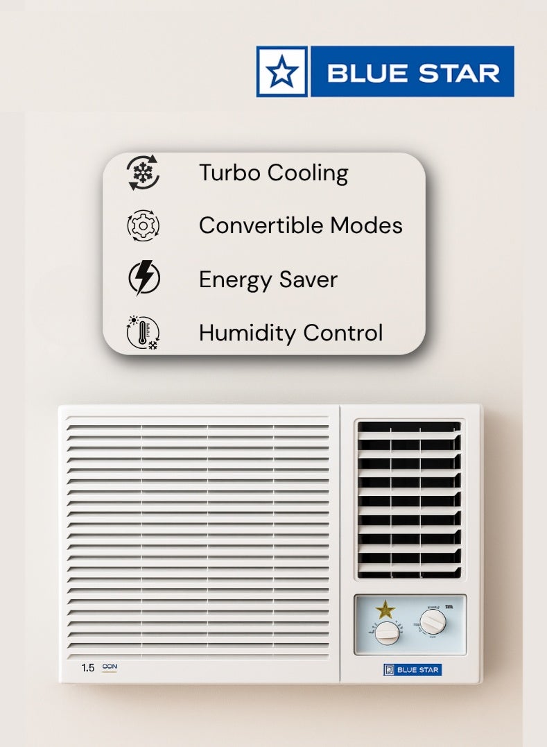 Bluestar 1.5 Ton 1 Star Window Air Conditioner (Model WM18CVRRB3-01) | High Ambient Cooling | 100% Copper | Energy Saver Mode | Anti-Corrosive Blue Fins | Suitable for Medium Rooms | White - Image 2