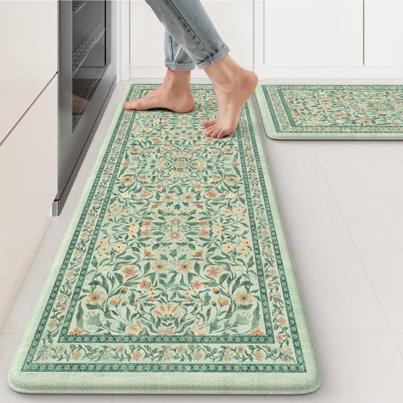KIMODE Anti Fatigue Mats for Kitchen Floor 173x29173x47 Farmhouse Kitchen Rugs Sets of 2 Cushioned Kitchen Mats for Floor Non Slip Padded Standing Desk Mat for Sink Laundry Desk Green