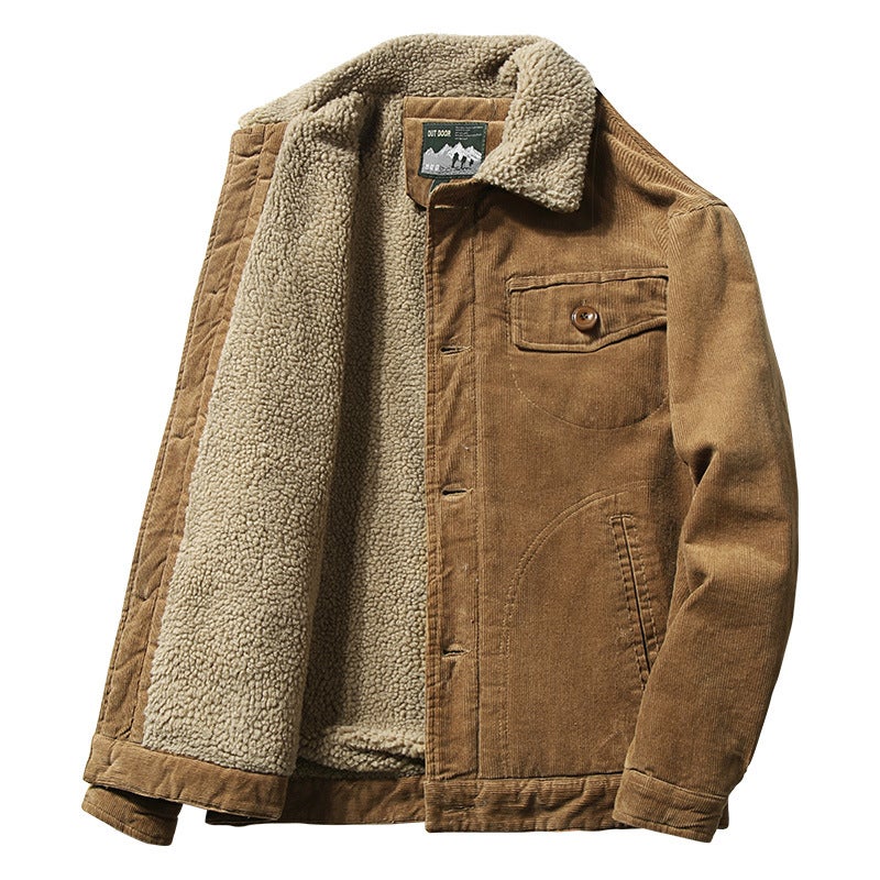 Cross-border Winter Clothing Short fleece-lined Cotton-padded Coat Corduroy Work Clothes Casual Cotton-padded Clothes Casual fleece-lined Thickened Jacket for Men Trendy Men Coffee  - Image 1