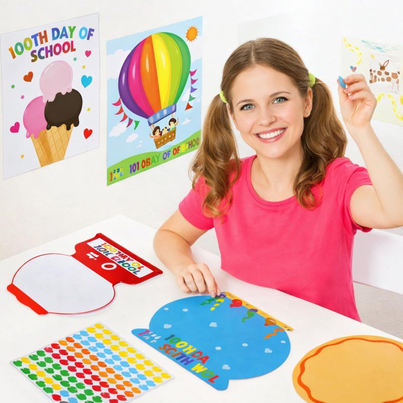 Glenmal 32 Set 11.8 x 9.8 Inches 100 Days of School Countdown Crafts Make Your Own Sticker DIY Coloring Paper Gift Crafts for Fun 100th Day of School Celebration Decorations Activities - Image 5