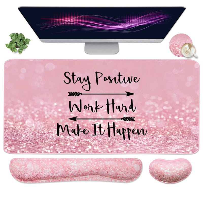 Yunoble Large Mouse Pad and Keyboard Wrist Rest, Desk Pad for Keyboard and Mouse, 4-in-1 Large Gaming Mouse Pad with Wrist Support, Desk Mat for Home Office Study Game-Pink Stay Positive - Image 1