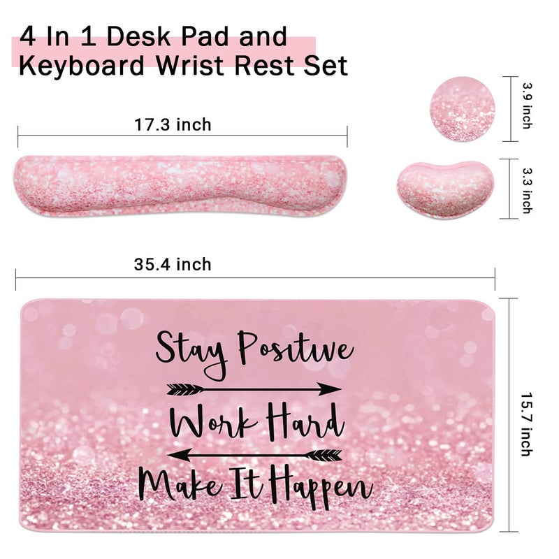 Yunoble Large Mouse Pad and Keyboard Wrist Rest, Desk Pad for Keyboard and Mouse, 4-in-1 Large Gaming Mouse Pad with Wrist Support, Desk Mat for Home Office Study Game-Pink Stay Positive - Image 3
