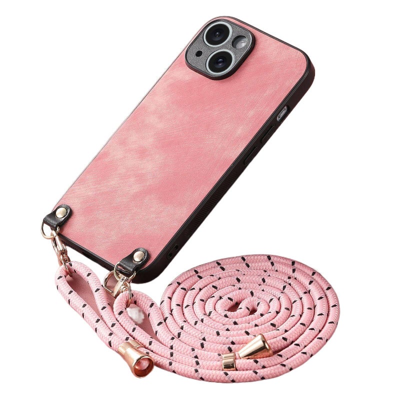 غطاء واقي | مقاوم للصدمات لـ iPhone 16 / 16 Plus / 16 Pro / 16 Pro Max | حزام كتف طويل | ملمس جلد | وردي - Image 1