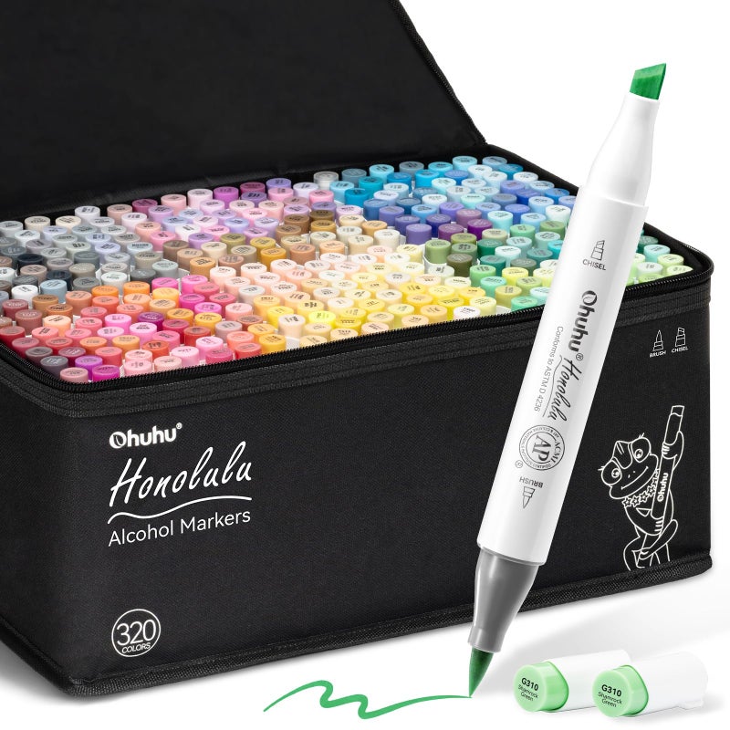 Ohuhu Alcohol Markers Brush Tip - 320-color Double Tipped Art Sketch Marker Set for Artists Adults Coloring Illustration -Brush & Chisel Dual Tips - Honolulu Series of Ohuhu Markers - Refillable Ink - Image 1