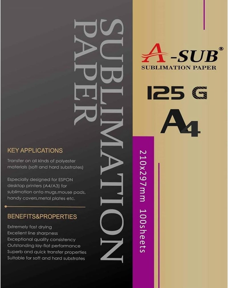 A-SUB Sublimation Paper A4, 210 x 297 mm, 100 Sheets, 125 g/m², Compatible with EPSON, SAWGRASS, RICOH, BROTHER Sublimation Printers - Image 1