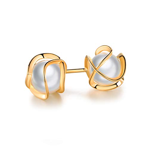 Barzel 18K Gold Plated Caged Pearl Stud Earrings, 6MM - Made In Brazil - Image 5