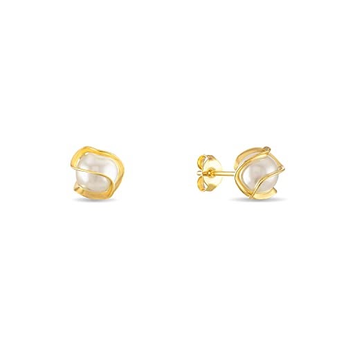 Barzel 18K Gold Plated Caged Pearl Stud Earrings, 6MM - Made In Brazil - Image 2